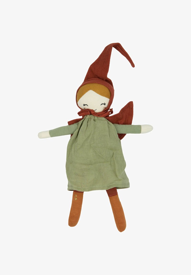 Fabric doll with a pointed red hat, green dress, and orange leggings. Features a smiling face, brown hair, and a soft texture.