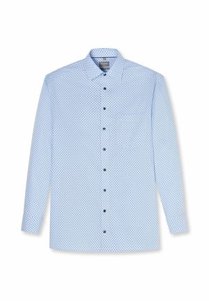 Hellblaues langärmeliges Hemd mit kleinen dunkelblauen Punktmuster und Kragen, flach auf weißem Hintergrund ausgelegt.