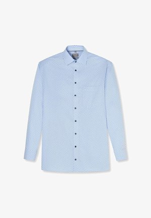 Hellblaues langärmeliges Hemd mit kleinen dunkelblauen Punktmuster und Kragen, flach auf weißem Hintergrund ausgelegt.