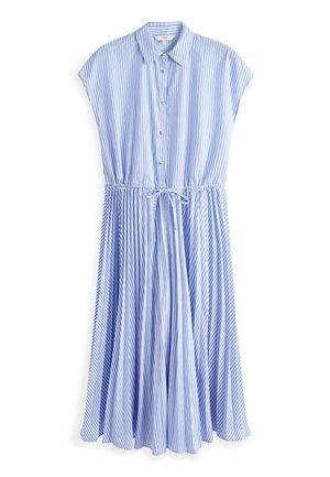 Abito midi a righe verticali azzurro chiaro e bianco con maniche a cappuccio, bottoni frontali, colletto e vita con coulisse regolabile.