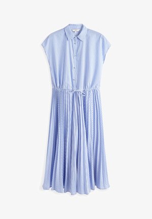 Hellblau-weiß gestreiftes Midikleid mit kurzen Ärmeln, Knopfleiste, Kragen und verstellbarem Kordelzug in der Taille.
