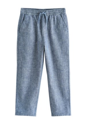 Hellblaue Freizeithose mit elastischem Bund und Kordelzug, geraden Beinen und Seitentaschen auf weißem Hintergrund.