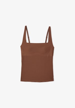 Camisola marrón sin mangas con tirantes finos ajustables y área del busto ajustada, mostrada extendida sobre un fondo blanco.