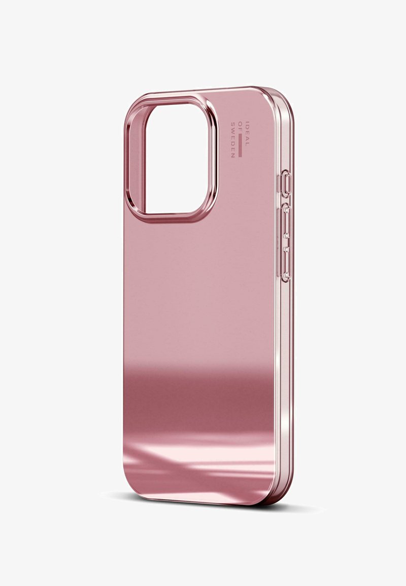 Smarttelefondeksel i rosagull metallfarge, rektangulær form, blank overflate, utsparing for kamera, sidetaster og merkeetikett på baksiden.