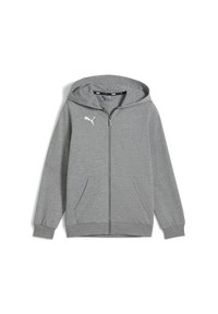Grau zip-up Hoodie aus weichem Baumwollmischgewebe, mit Kapuze zum Schnüren, zwei vorderen Taschen, gerippten Bündchen und einem weißen Logo auf der Brust.