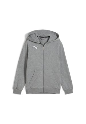Felpa grigia con zip in morbido misto cotone, dotata di cappuccio con cordino, due tasche frontali, polsini a coste e un logo bianco sul petto.
