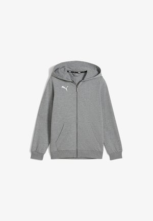 Grau zip-up Hoodie aus weichem Baumwollmischgewebe, mit Kapuze zum Schnüren, zwei vorderen Taschen, gerippten Bündchen und einem weißen Logo auf der Brust.
