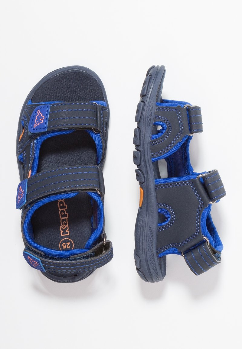 Sandales pour enfants bleu marine et noir avec des accents orange, des bandes Velcro et des semelles en caoutchouc robustes, taille 25.