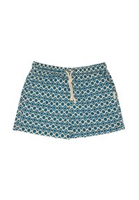Bañador azul con un patrón geométrico blanco, cinturilla elástica y cordón. Fabricado con tejido ligero y de secado rápido.