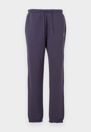 Dark purple sweatpants with an elastic waistband and drawstring. Features side pockets and a small white logo on the left leg.