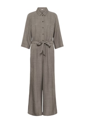 Dlhý rukáv, sivý overal na zapínanie na gombíky s širokými nohavicami a látkovým opaskom previazaným v páse.