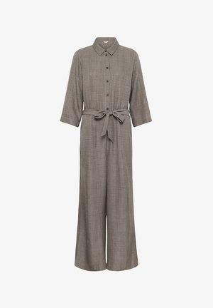 Dlhý rukáv, sivý overal na zapínanie na gombíky s širokými nohavicami a látkovým opaskom previazaným v páse.