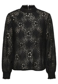 Schwarze Spitzenbluse mit floralem Muster und kreisförmigen Designs, hohem Ausschnitt und langen Ärmeln mit elastischen Bündchen.