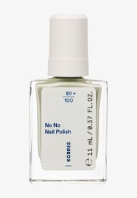 Groene nagellak in een vierkante glazen fles met een witte dop. Het etiket zegt "No No Nagellak" en bevat maatgegevens.
