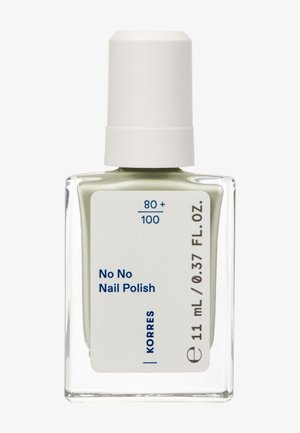 Grüner Nagellack in einer quadratischen Glasflasche mit einem weißen Deckel. Das Etikett trägt die Aufschrift "No No Nail Polish" und enthält Messdetails.