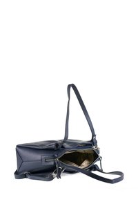 Borsa a mano in pelle blu navy con una forma strutturata, due manici e una parte superiore con zip. Presenta un motivo interno con una texture liscia.