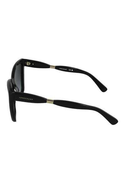 Schwarze übergroße, rechteckige Sonnenbrille mit dunklen Gläsern, goldenen Akzenten und "LONGCHAMP"-Markenlogo an den Bügeln.