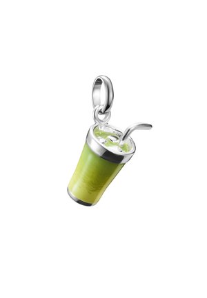 Silver charm shaped like a green beverage cup with ice cubes and a bent metal straw, designed for attaching to a bracelet or necklace.