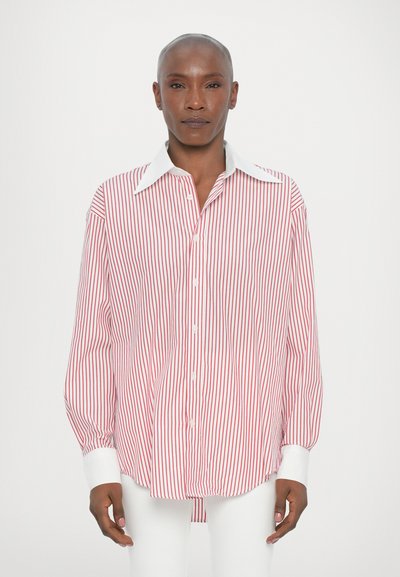 Striped long-sleeve shirt with red and white vertical stripes, white collar and cuffs, button-down front, relaxed fit, lightweight fabric.