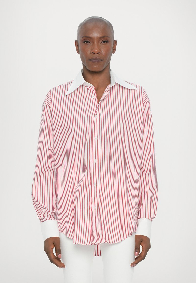 Striped long-sleeve shirt with red and white vertical stripes, white collar and cuffs, button-down front, relaxed fit, lightweight fabric.