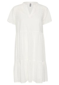 Abito di cotone bianco con maniche corte, scollatura a V, motivo ad occhio di pernice e design a strati, che offre una texture leggera e traspirante.