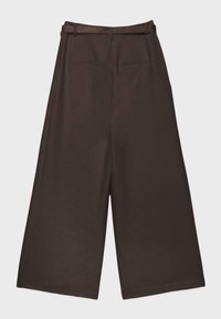 Brown wide-leg cropped trousers with belt loops and welt pockets, displayed flat on a white background.