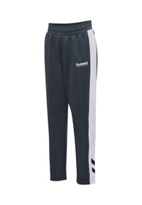 Ciemnoszare spodnie sportowe z białym paskiem po boku, z logo z przodu i ozdobione czarnymi akcentami w kształcie litery V.