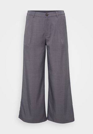 Gray wide-leg trousers made of smooth fabric, featuring a front button closure, pleats, and a relaxed fit down to the ankle.