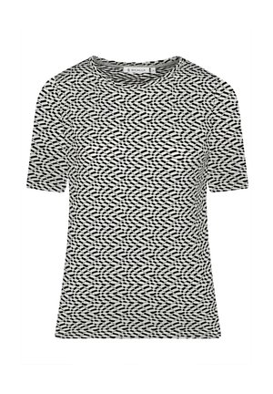 Black and white patterned t-shirt with short sleeves, round neckline, and a textured fabric featuring a geometric design.