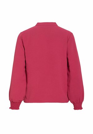 Rdeča bluza z dolgimi rokavi iz teksturirane tkanine, z elastiko nabranimi manšetami in majhnim ovratnikom, prikazana od zadaj na belem ozadju.