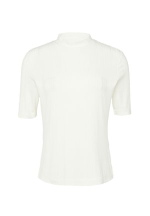 White ribbed short-sleeve top with a high neckline, featuring a textured fabric for added dimension. Smooth finish, fitted shape.