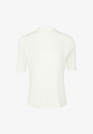 Biała, prążkowana bluzka z krótkim rękawem i wysokim dekoltem, z teksturowanym materiałem dla większej głębi. Gładkie wykończenie, dopasowany krój.