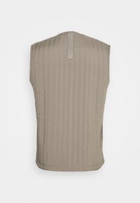 Beige gesteppte Weste mit vertikaler Naht, runder Kragen, ohne Ärmel und Knopfverschluss auf der Rückseite. Glatte Textur mit minimalistischem Design.