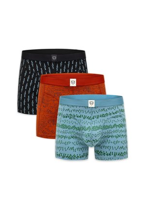 Three pairs of boxer briefs in black, orange, and light blue with nature-themed prints and matching waistbands featuring logo patches.