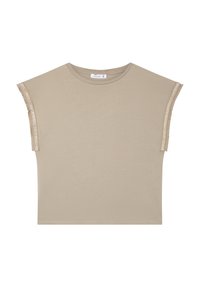 Top beige a maniche corte con taglio dritto, caratterizzato da dettagli in oro testurizzato lungo le cuciture delle spalle e un collo rotondo. Tessuto liscio.