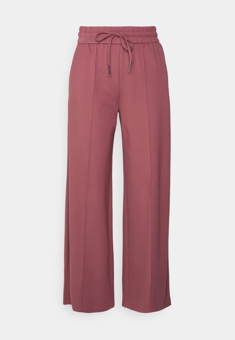 Pantalon à jambes larges en tissu mauve doux avec une ceinture élastique et un cordon de serrage réglable. Comprend des coutures avant pour un look ajusté.