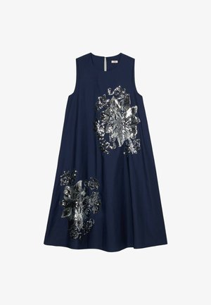 Navy ärmelloses Kleid mit großen silbernen Pailletten-Blumendesigns auf der Vorderseite, rundem Ausschnitt und knielanger A-Linien-Silhouette.