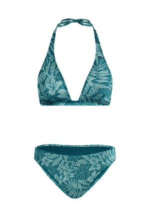 Grønt bikini sæt med blomsterprint, der har en halterneck-top og almindelige bikiniunderdel. Fremstillet af let, tekstureret stof.