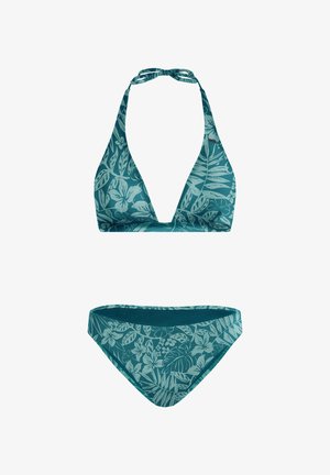 Komplet bikini w kolorze morskim z kwiatowym wzorem, składający się z góry z wiązaniem na szyi oraz standardowych majtek. Wykonany z lekkiego, teksturowanego materiału.