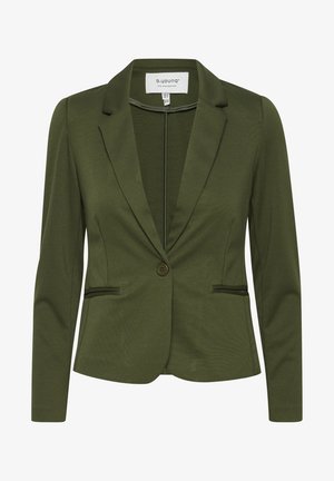 Oliwkowy żakiet o dopasowanym kroju, z pojedynczym zapięciem na guzik i dwoma przednimi kieszeniami; wyróżnia się teksturowanym materiałem i klapami w kształcie notcha.