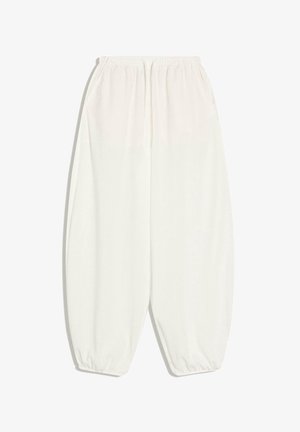 Weiße Sweatpants mit lockerem Schnitt, elastischem Bund und Bündchen, Seitentaschen und einem Kordelzug vorne.