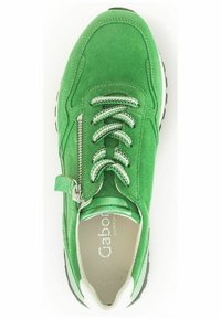 Zapatillas de ante verde con punta redondeada, detalle de cremallera plateada, cordones planos y acentos blancos en el talón, diseñadas para la comodidad.