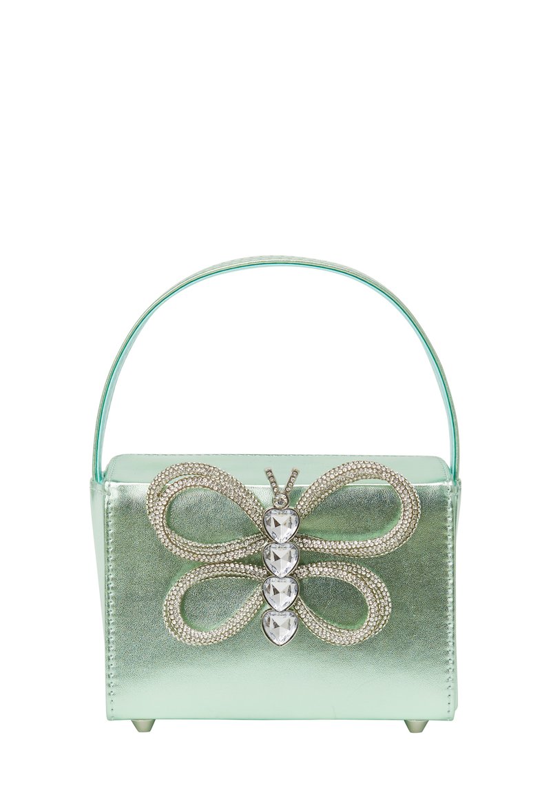 Borsa metallizzata verde menta con forma strutturata, caratterizzata da un design a farfalla decorato con strass argentati e una maniglia trasparente.