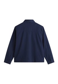 Navy blue long-sleeve shirt features a collar, button cuffs, and a relaxed fit. Smooth texture with a clean, minimal design.