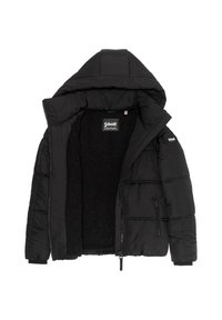 Sort polstret jakke med pelsindvendig, udstyret med hætte, lynlås og to lynlåslommer på siderne. Blød tekstur, quiltet design.