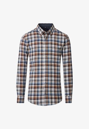 Overhemd met knopen gemaakt van geborsteld katoen, voorzien van een bruin, blauw en wit geruit patroon. Lange mouwen en een klassiek kraagontwerp.