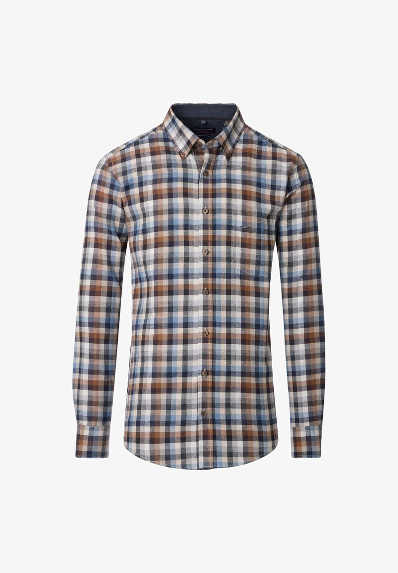 Hemd aus gebürsteter Baumwolle mit einem karierten Muster in Braun, Blau und Weiß. Lange Ärmel und ein klassisches Kragendesign.
