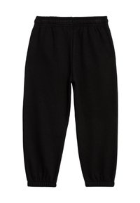 Sorte sweatpants lavet af blødt stof, med en elastisk talje og tapered manchetter ved anklerne. Ingen synlige mønstre eller hardware.