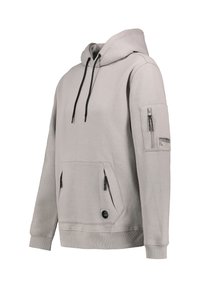 Gray hooded sweatshirt with a kangaroo pocket and two zippered side pockets. Features black drawstrings and sleeve patch detailing.