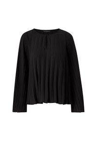 Blouse noire à manches longues avec des plis verticaux et une petite découpe en forme de clé au centre, présentée sur fond blanc.